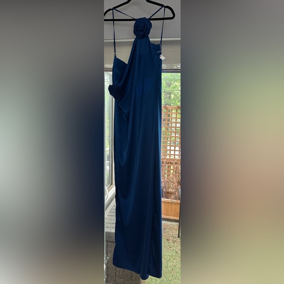 NWT Blue Satin Dress Open Back One Shoulder with Floral Rose Details - Picture 2 of 9